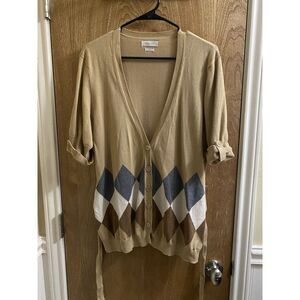 Vintage Van Heusen Tan Button Up Cardigan Waist Tie Gray/White/Brown Argyle Sz L